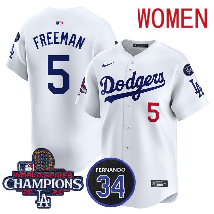 Women MLB Los Angeles Dodgers #5 Freeman white 2024 World Series Champions Patch Limited Jersey